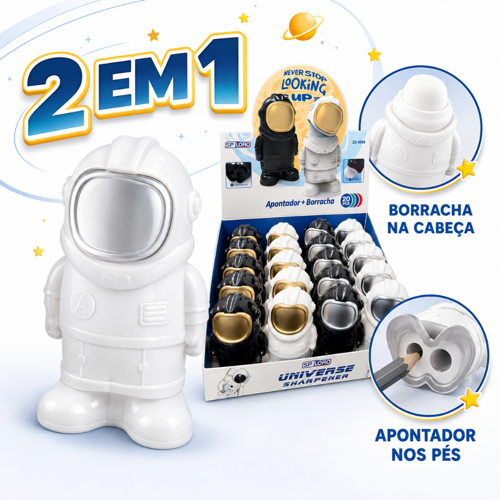 Foto do produto apresentado no guia: Apontador e borracha Astronauta 2 em 1: um personagem no estojo