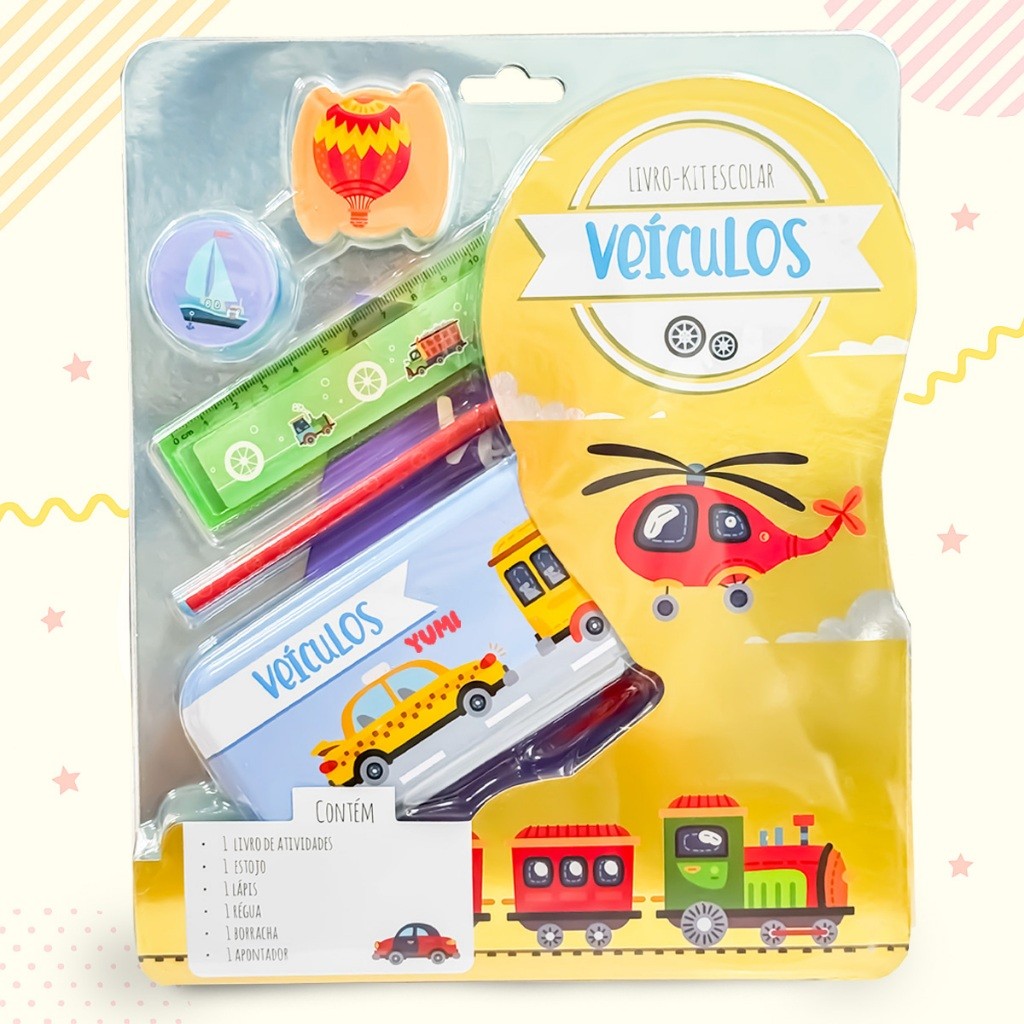 Foto do produto apresentado no guia: Livro-kit escolar Veículos: livro e materiais para criar caminhos